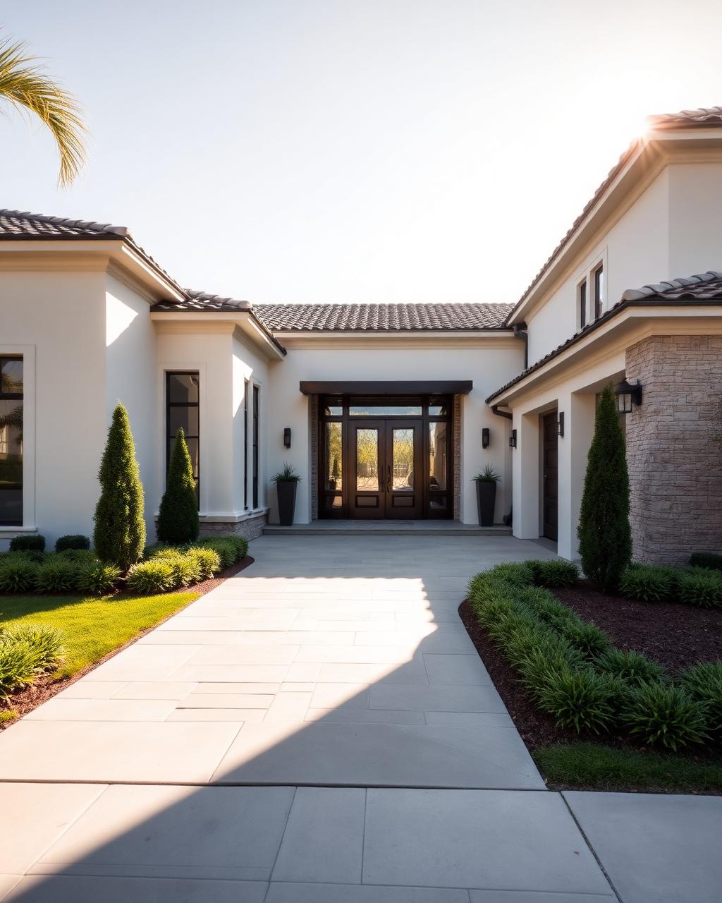 Elegant California luxury home entrance in warm daylight